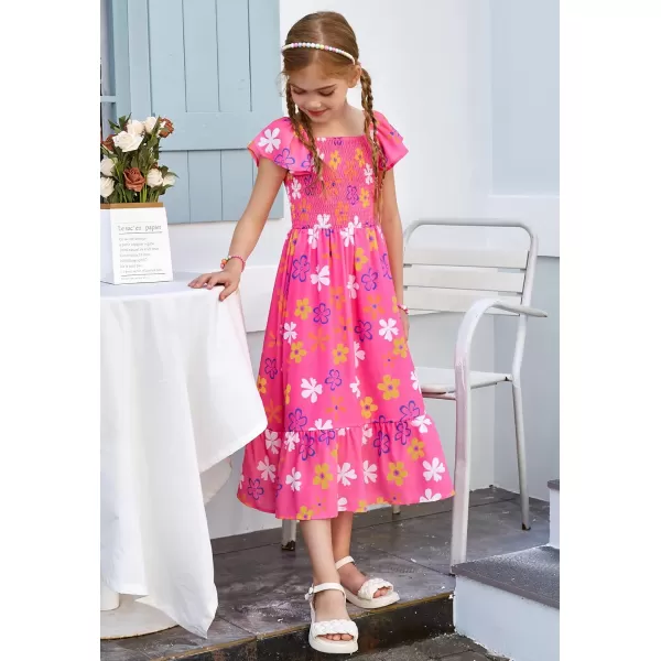 GRACE KARIN Girls Floral Dress Flutter Sleeve Square Neck Tiered Midi Dress Smocked Flared Aline Dress 512YFlowers on Hot Pink