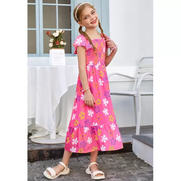 GRACE KARIN Girls Floral Dress Flutter Sleeve Square Neck Tiered Midi Dress Smocked Flared Aline Dress 512YFlowers on Hot Pink