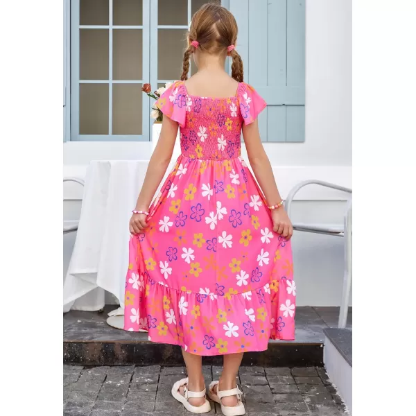 GRACE KARIN Girls Floral Dress Flutter Sleeve Square Neck Tiered Midi Dress Smocked Flared Aline Dress 512YFlowers on Hot Pink