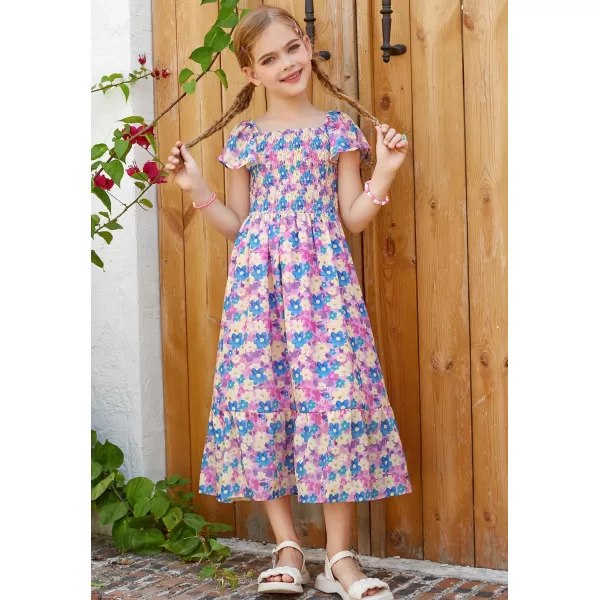 GRACE KARIN Girls Floral Dress Flutter Sleeve Square Neck Tiered Midi Dress Smocked Flared Aline Dress 512YFlowers on Purple