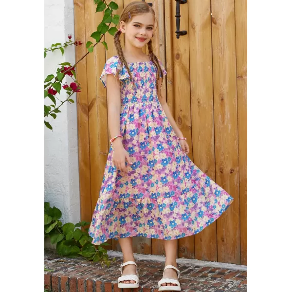 GRACE KARIN Girls Floral Dress Flutter Sleeve Square Neck Tiered Midi Dress Smocked Flared Aline Dress 512YFlowers on Purple