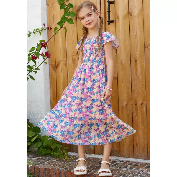 GRACE KARIN Girls Floral Dress Flutter Sleeve Square Neck Tiered Midi Dress Smocked Flared Aline Dress 512YFlowers on Purple