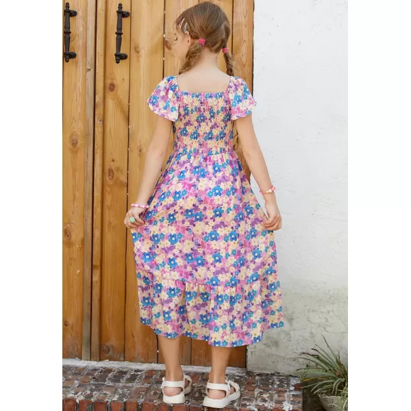 GRACE KARIN Girls Floral Dress Flutter Sleeve Square Neck Tiered Midi Dress Smocked Flared Aline Dress 512YFlowers on Purple