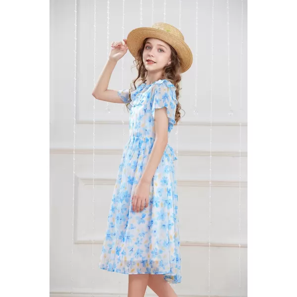 GRACE KARIN Girls Floral Dress Summer Spring Flowy Ruffle Casual Short Sleeve Midi Dress 512YBlue