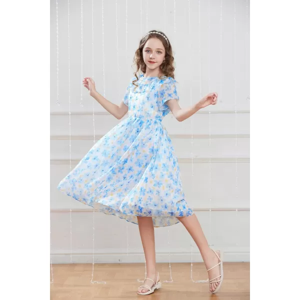 GRACE KARIN Girls Floral Dress Summer Spring Flowy Ruffle Casual Short Sleeve Midi Dress 512YBlue