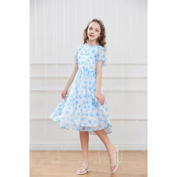 GRACE KARIN Girls Floral Dress Summer Spring Flowy Ruffle Casual Short Sleeve Midi Dress 512YBlue