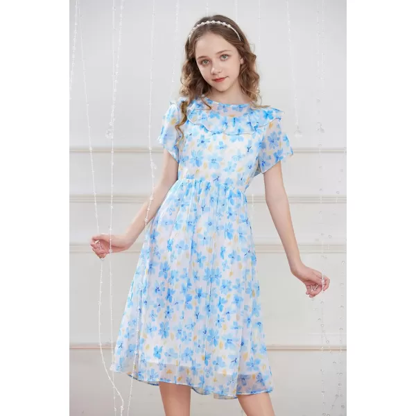 GRACE KARIN Girls Floral Dress Summer Spring Flowy Ruffle Casual Short Sleeve Midi Dress 512YBlue