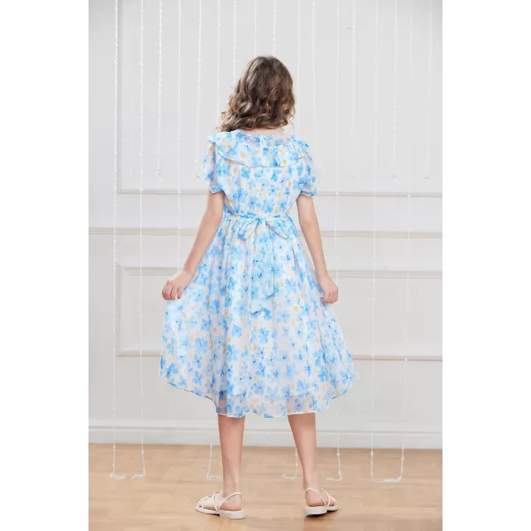 GRACE KARIN Girls Floral Dress Summer Spring Flowy Ruffle Casual Short Sleeve Midi Dress 512YBlue