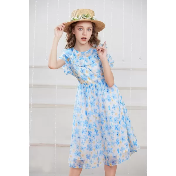 GRACE KARIN Girls Floral Dress Summer Spring Flowy Ruffle Casual Short Sleeve Midi Dress 512YBlue