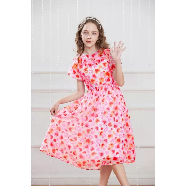 GRACE KARIN Girls Floral Dress Summer Spring Flowy Ruffle Casual Short Sleeve Midi Dress 512YPink