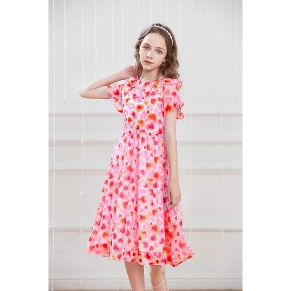 GRACE KARIN Girls Floral Dress Summer Spring Flowy Ruffle Casual Short Sleeve Midi Dress 512YPink