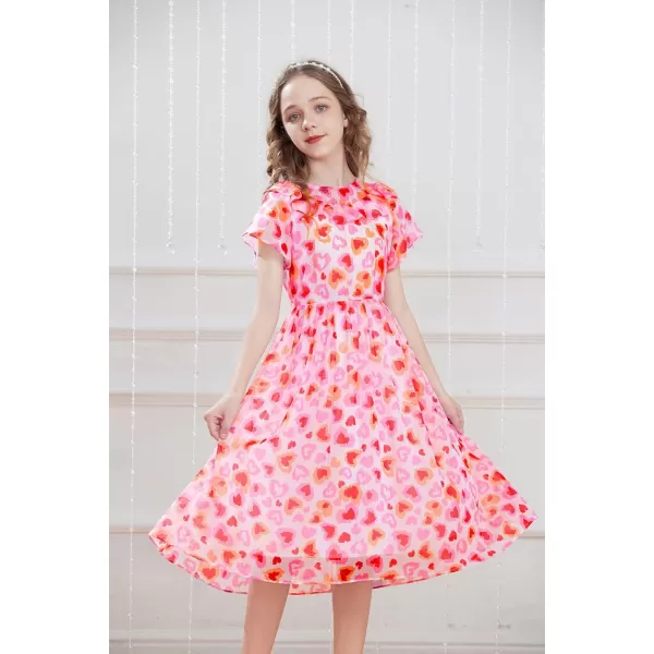 GRACE KARIN Girls Floral Dress Summer Spring Flowy Ruffle Casual Short Sleeve Midi Dress 512YPink