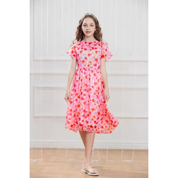 GRACE KARIN Girls Floral Dress Summer Spring Flowy Ruffle Casual Short Sleeve Midi Dress 512YPink