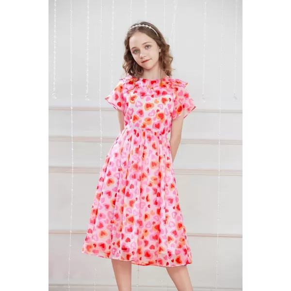 GRACE KARIN Girls Floral Dress Summer Spring Flowy Ruffle Casual Short Sleeve Midi Dress 512YPink