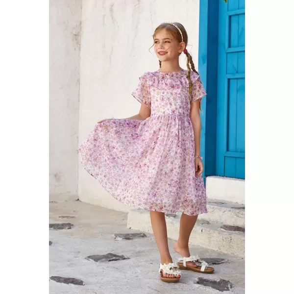 GRACE KARIN Girls Floral Dress Summer Spring Flowy Ruffle Casual Short Sleeve Midi Dress 512YPurple
