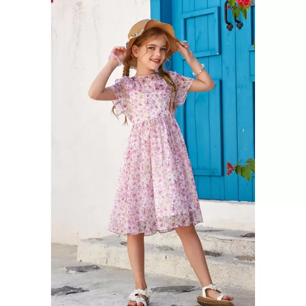 GRACE KARIN Girls Floral Dress Summer Spring Flowy Ruffle Casual Short Sleeve Midi Dress 512YPurple