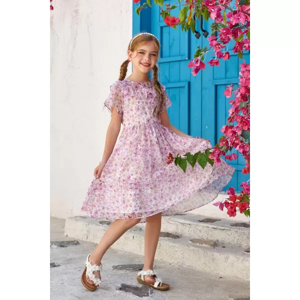 GRACE KARIN Girls Floral Dress Summer Spring Flowy Ruffle Casual Short Sleeve Midi Dress 512YPurple