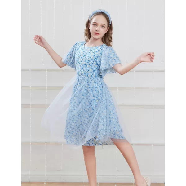 GRACE KARIN Girls Floral Spring Dress Ruffled Short Sleeve Mesh Aline Casual Summer Dress 512YBlue Flower