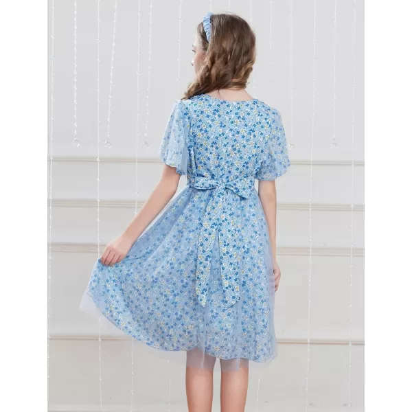 GRACE KARIN Girls Floral Spring Dress Ruffled Short Sleeve Mesh Aline Casual Summer Dress 512YBlue Flower