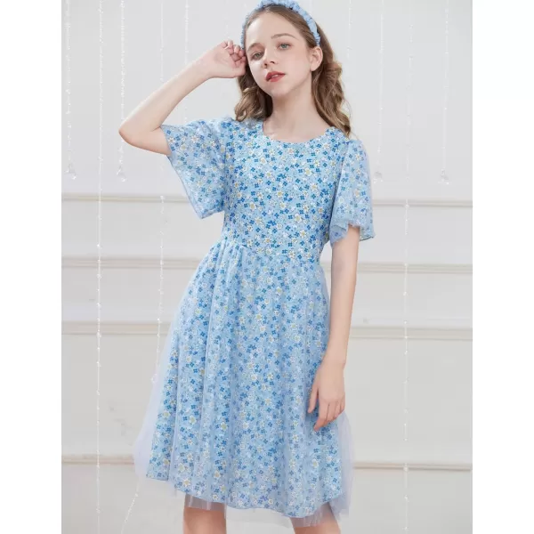 GRACE KARIN Girls Floral Spring Dress Ruffled Short Sleeve Mesh Aline Casual Summer Dress 512YBlue Flower