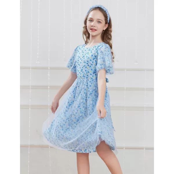 GRACE KARIN Girls Floral Spring Dress Ruffled Short Sleeve Mesh Aline Casual Summer Dress 512YBlue Flower