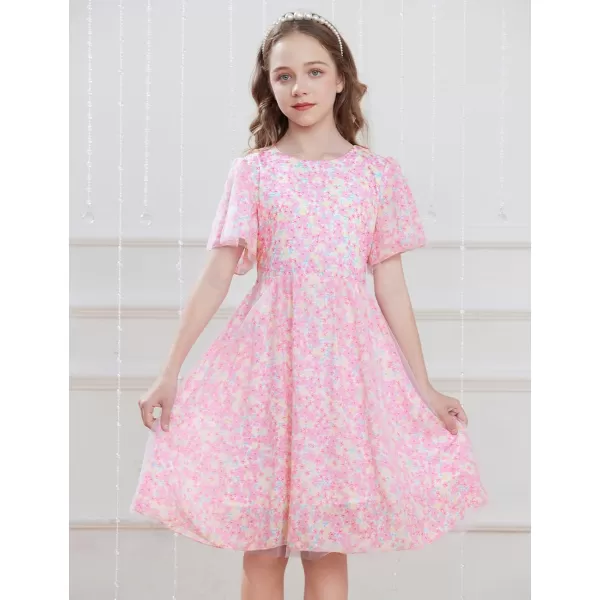 GRACE KARIN Girls Floral Spring Dress Ruffled Short Sleeve Mesh Aline Casual Summer Dress 512YPink Flower