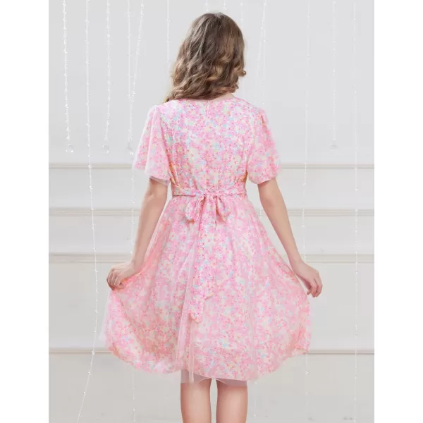 GRACE KARIN Girls Floral Spring Dress Ruffled Short Sleeve Mesh Aline Casual Summer Dress 512YPink Flower