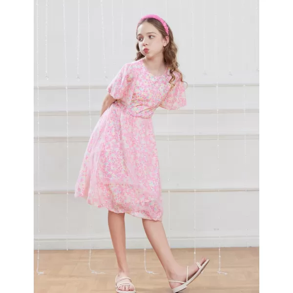 GRACE KARIN Girls Floral Spring Dress Ruffled Short Sleeve Mesh Aline Casual Summer Dress 512YPink Flower