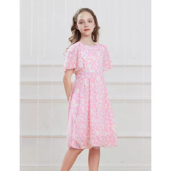 GRACE KARIN Girls Floral Spring Dress Ruffled Short Sleeve Mesh Aline Casual Summer Dress 512YPink Flower