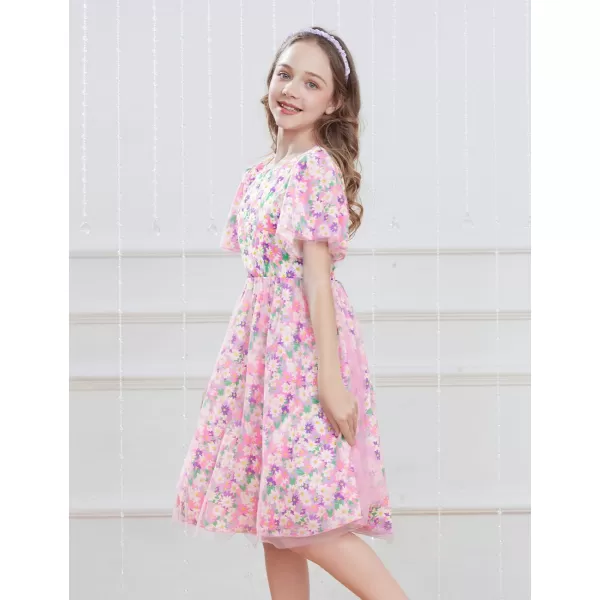 GRACE KARIN Girls Floral Spring Dress Ruffled Short Sleeve Mesh Aline Casual Summer Dress 512YPurple Flower