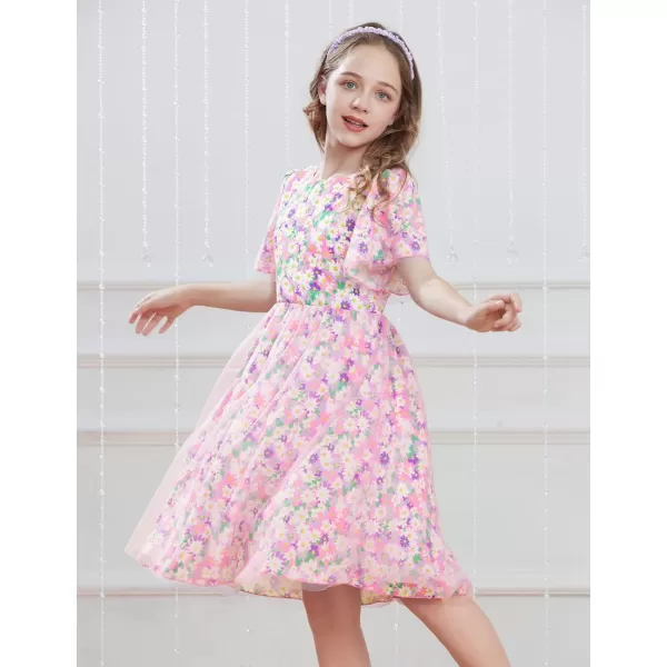 GRACE KARIN Girls Floral Spring Dress Ruffled Short Sleeve Mesh Aline Casual Summer Dress 512YPurple Flower