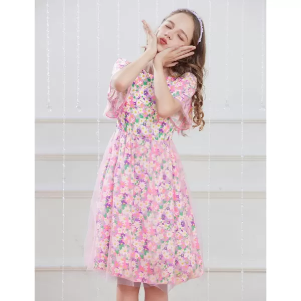 GRACE KARIN Girls Floral Spring Dress Ruffled Short Sleeve Mesh Aline Casual Summer Dress 512YPurple Flower