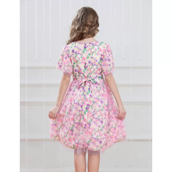 GRACE KARIN Girls Floral Spring Dress Ruffled Short Sleeve Mesh Aline Casual Summer Dress 512YPurple Flower