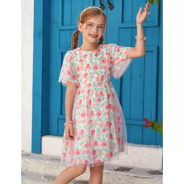 GRACE KARIN Girls Floral Spring Dress Ruffled Short Sleeve Mesh Aline Casual Summer Dress 512YRed Flower