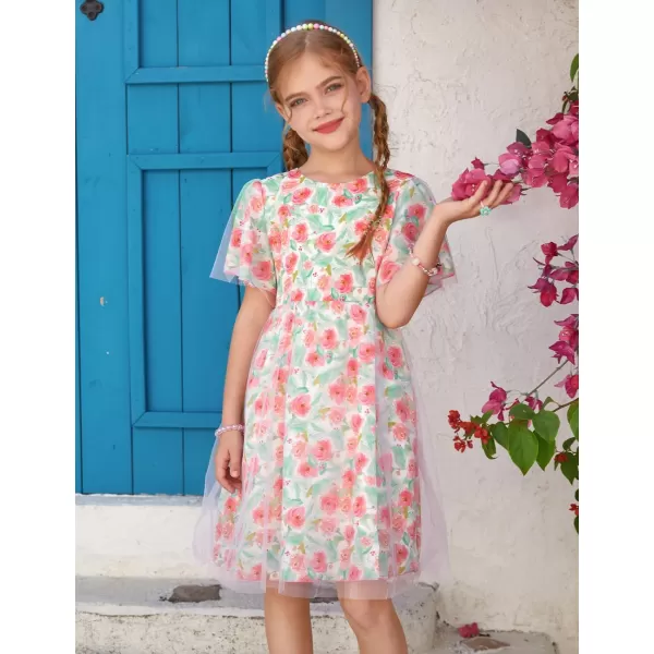 GRACE KARIN Girls Floral Spring Dress Ruffled Short Sleeve Mesh Aline Casual Summer Dress 512YRed Flower