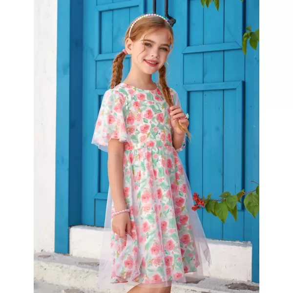 GRACE KARIN Girls Floral Spring Dress Ruffled Short Sleeve Mesh Aline Casual Summer Dress 512YRed Flower