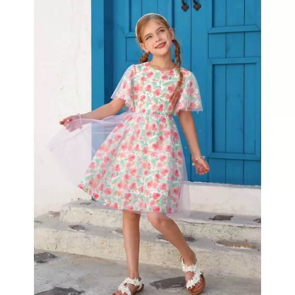 GRACE KARIN Girls Floral Spring Dress Ruffled Short Sleeve Mesh Aline Casual Summer Dress 512YRed Flower