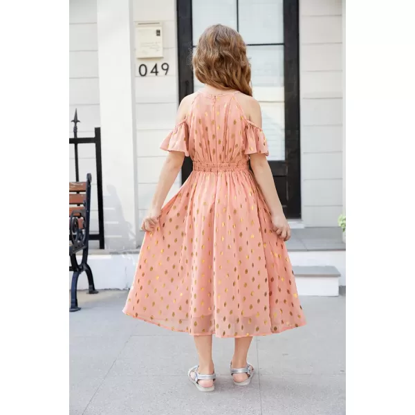 GRACE KARIN Girls Formal Dress Halter Neck Off Shoulder Dress with Ruffled Sleeve ALine Party Dress 512YSalmon