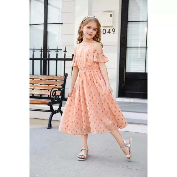 GRACE KARIN Girls Formal Dress Halter Neck Off Shoulder Dress with Ruffled Sleeve ALine Party Dress 512YSalmon