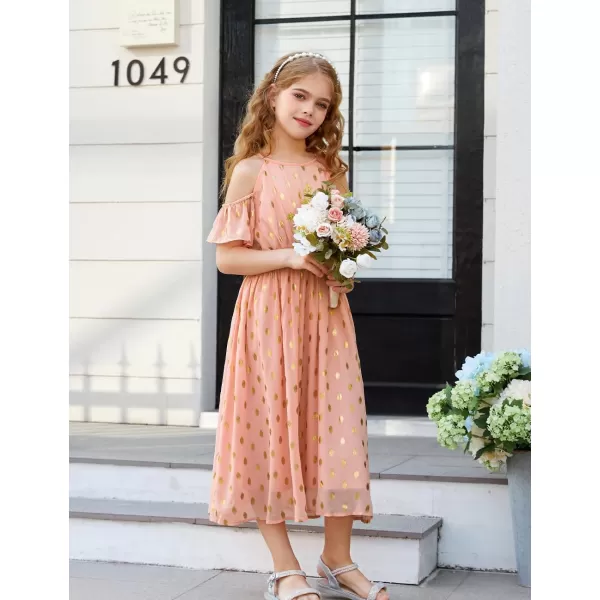 GRACE KARIN Girls Formal Dress Halter Neck Off Shoulder Dress with Ruffled Sleeve ALine Party Dress 512YSalmon