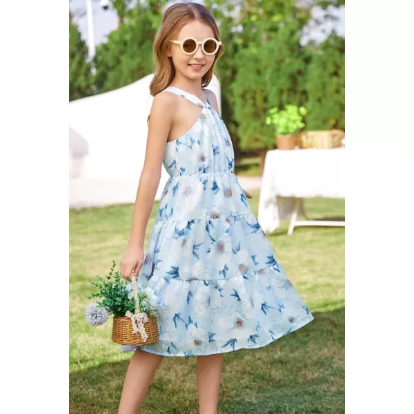 GRACE KARIN Girls Halter Dress Sleeveless Floral Swiss Dots Casual Spring Summer Midi Dress 514YBlue Jacquard