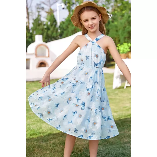 GRACE KARIN Girls Halter Dress Sleeveless Floral Swiss Dots Casual Spring Summer Midi Dress 514YBlue Jacquard