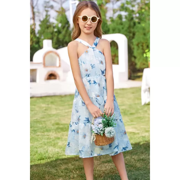 GRACE KARIN Girls Halter Dress Sleeveless Floral Swiss Dots Casual Spring Summer Midi Dress 514YBlue Jacquard