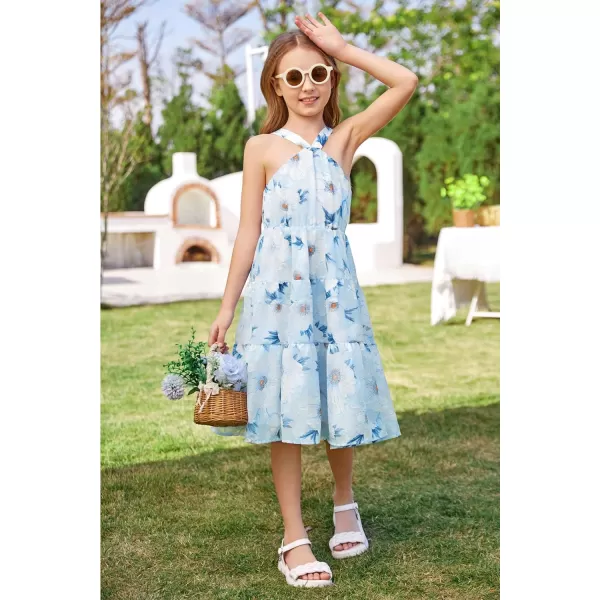 GRACE KARIN Girls Halter Dress Sleeveless Floral Swiss Dots Casual Spring Summer Midi Dress 514YBlue Jacquard
