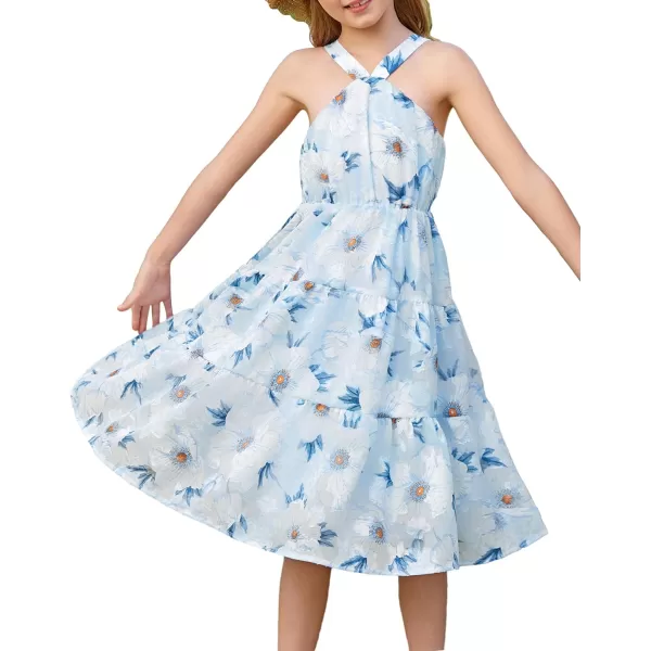 GRACE KARIN Girls Halter Dress Sleeveless Floral Swiss Dots Casual Spring Summer Midi Dress 514YBlue Jacquard