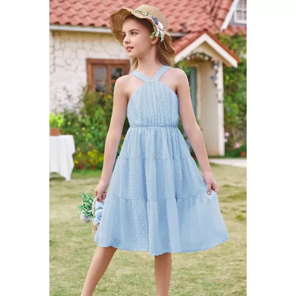 GRACE KARIN Girls Halter Dress Sleeveless Floral Swiss Dots Casual Spring Summer Midi Dress 514YLight Blue