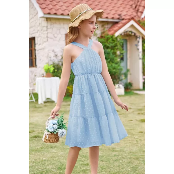 GRACE KARIN Girls Halter Dress Sleeveless Floral Swiss Dots Casual Spring Summer Midi Dress 514YLight Blue