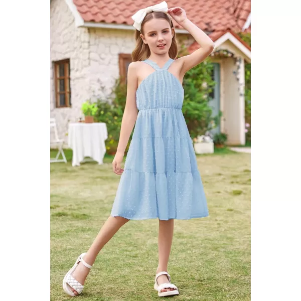 GRACE KARIN Girls Halter Dress Sleeveless Floral Swiss Dots Casual Spring Summer Midi Dress 514YLight Blue