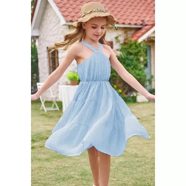 GRACE KARIN Girls Halter Dress Sleeveless Floral Swiss Dots Casual Spring Summer Midi Dress 514YLight Blue