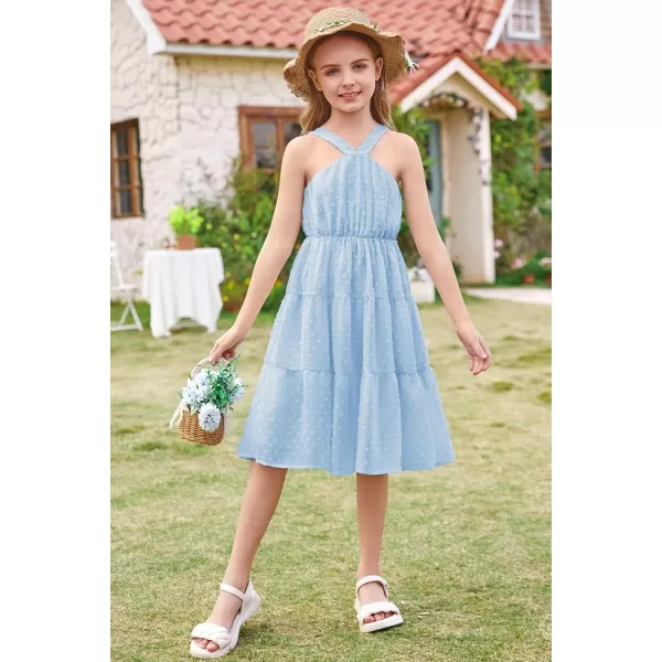 GRACE KARIN Girls Halter Dress Sleeveless Floral Swiss Dots Casual Spring Summer Midi Dress 514YLight Blue